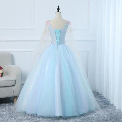 Light Blue Tulle Flowers And Lace Long Sweet 16..