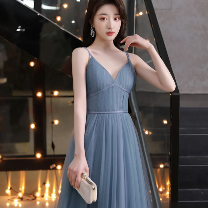 Grey Tulle Simple V-neckline Long Party Dress,..