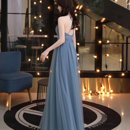 Grey Tulle Simple V-neckline Long Party Dress,..