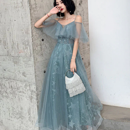 Cute Green Tulle Off Shoulder Long Straps Party..