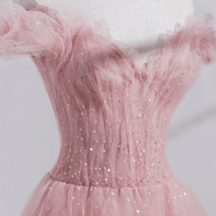 Cute Pink Tulle Sequins Long Off Sh..