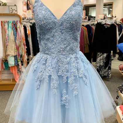 Lovely Blue Tulle V-neckline Beaded Lace Party..