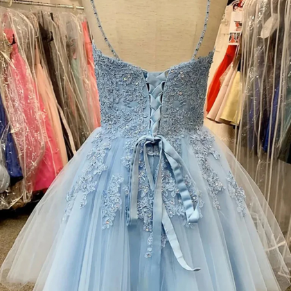 Lovely Blue Tulle V-neckline Beaded Lace Party..