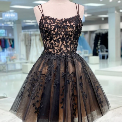 Champagne Black Lace Prom Dresses, Short Black..