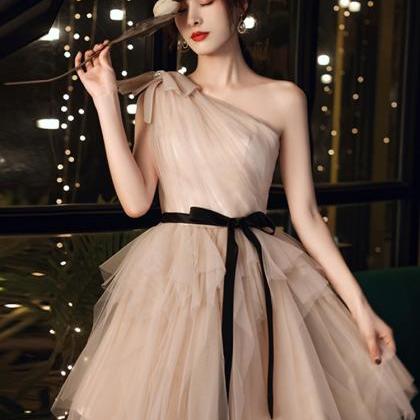 Lovely One Shoulder Champagne Tulle Homecoming..