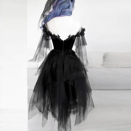 Black Off Shoulder Tulle With Lace Party Dress,..