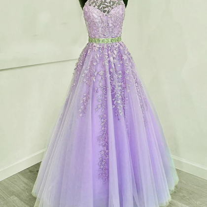 Lavender Tulle With Lace High Neckline Long Party..