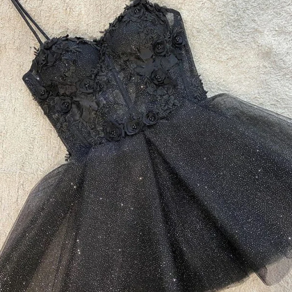 Black Tulle With Lace Short Prom Dress Homecoming..
