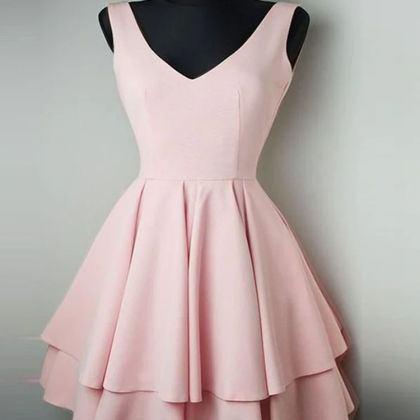 V Neck Pink Homecoming Dresses Short Prom Dresses..