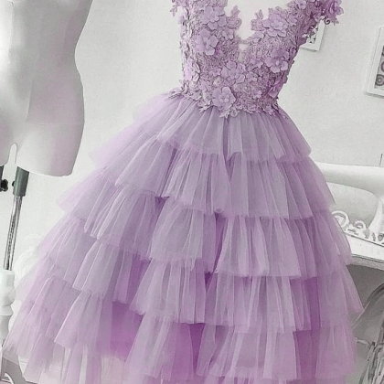 Lavener Layers Tulle With Lace Short Party Dress,..