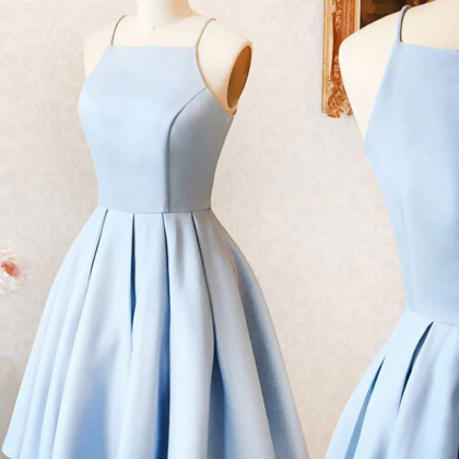 Blue Satin Short Halter Homecoming Dress, Blue..