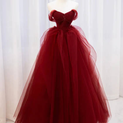 Wine Red Tulle Sweetheart Off Shoul..
