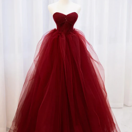 Wine Red Tulle Sweetheart Off Shoul..