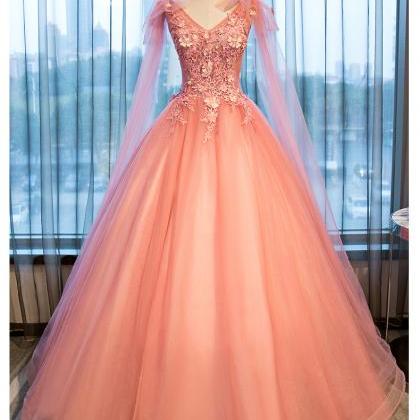 Pink Tulle Lace Long Formal Gown, Pink Sweet 16..