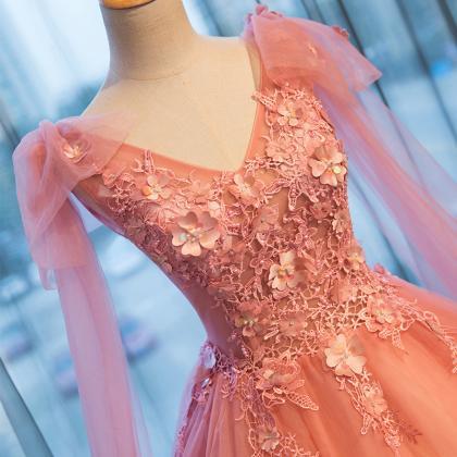 Pink Tulle Lace Long Formal Gown, Pink Sweet 16..