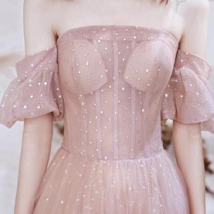 Pink Tulle Long Formal Party Dress, Off Shoulder..