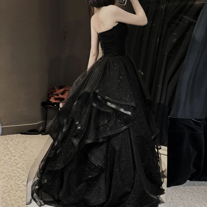 Black Sweetheart Long Tulle Shiny Prom Party..