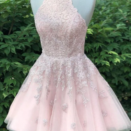 Pink Tulle Halter Homecoming Dress ..