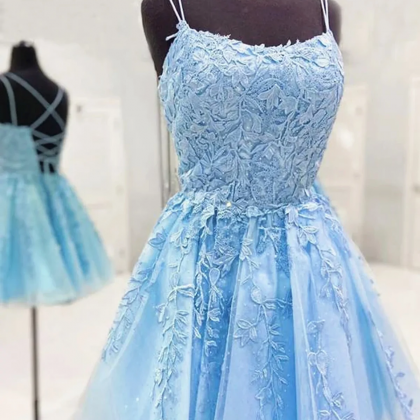Light Blue Lace Prom Dresses, Light Blue Short..