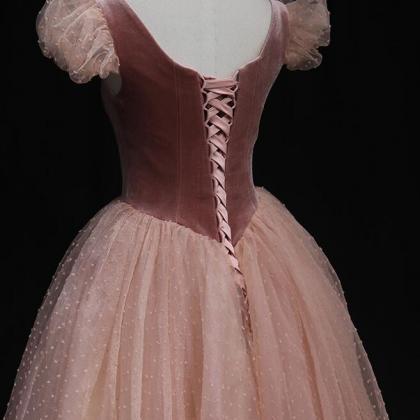 Pink Tulle And Velvet Short Sleeves Party Dress,..