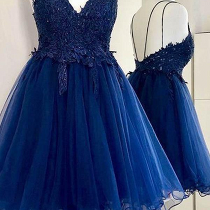 Blue V Neck Short Prom Dress With Beads..