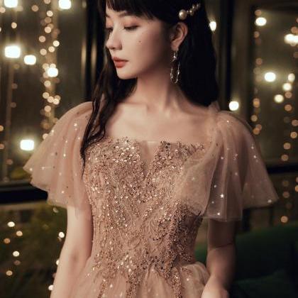Light Champagne Tulle Short Sleeves Party Dress,..