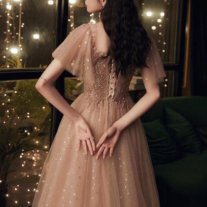 Light Champagne Tulle Short Sleeves Party Dress,..