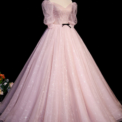 Pink Sweet 16 Short Sleeves Long Tulle Party..