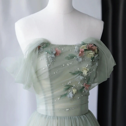 Light Green Tulle Layers Long Formal Dress, Green Tulle with Straps Party Dress
