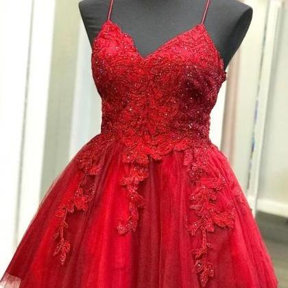 Red Tulle V-neckline Straps Short Party Dress With..