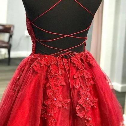 Red Tulle V-neckline Straps Short Party Dress With..