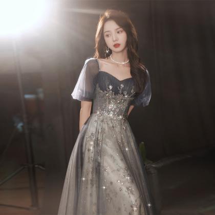 Shiny Tulle Grey Short Sleeves Long Party Dress..