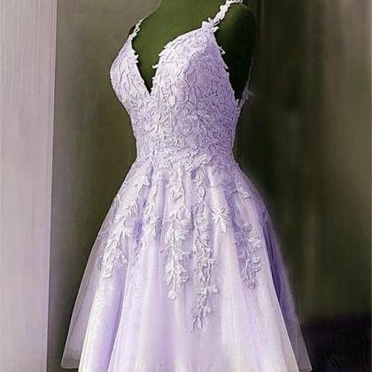 Light Purple Tulle Short Straps Party Dress..