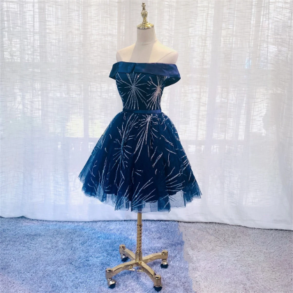 Blue Tulle Off Shoulder Knee Length Party Dress,..