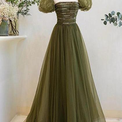 A-line Green Short Sleeves Tulle Sequins Long..