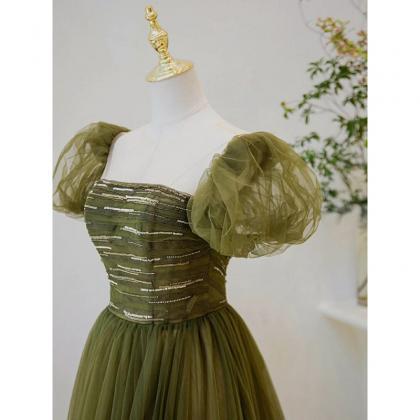 A-line Green Short Sleeves Tulle Sequins Long..