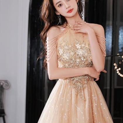 Cute Champagne Halter Tea Length Shiny Tulle With..