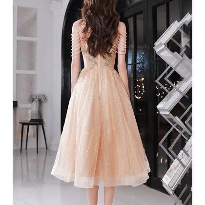 Cute Champagne Halter Tea Length Shiny Tulle With..