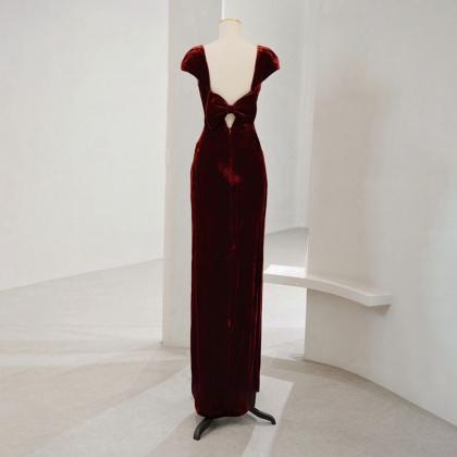 Burgundy Velvet Long Party Dress With Beaded,..