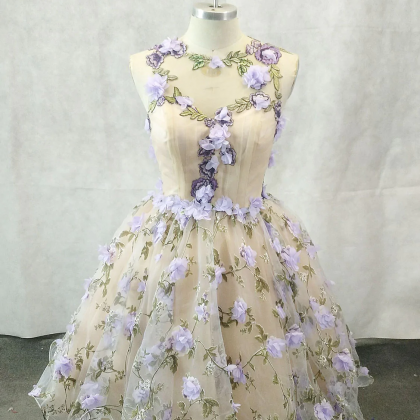 Floral Tulle Round Neckline Short Party Dress,..