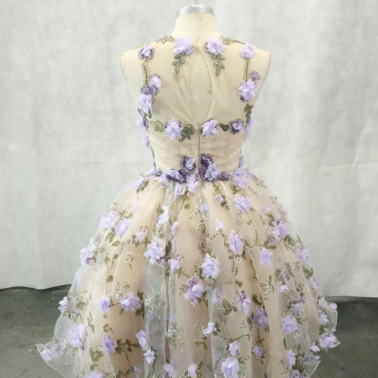 Floral Tulle Round Neckline Short Party Dress,..