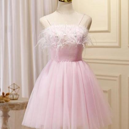 Sweet Pink Princess Tulle Feathers Short Birthday Dress Homecoming Dress