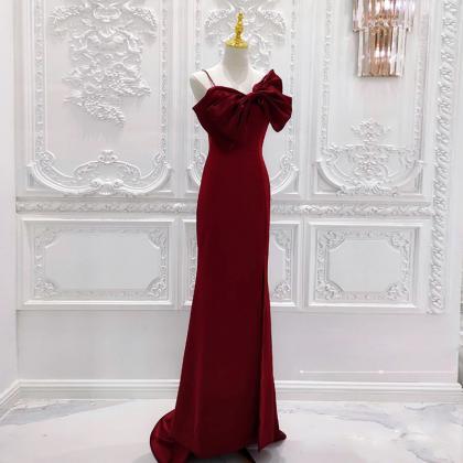 Wine Red Long Party Dresses, Straps Evening Gown..