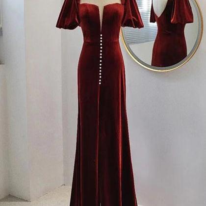 Burgundy Velvet Long Round Neckline Party Dress,..