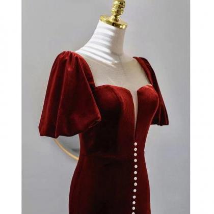 Burgundy Velvet Long Round Neckline Party Dress,..