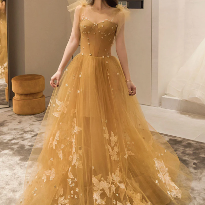 Yellow Tulle Long Party Dresses With Lace, Prom..