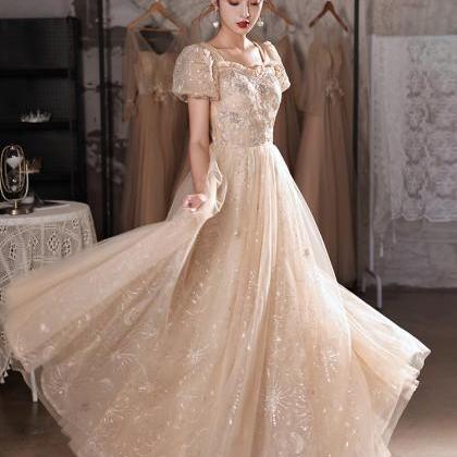 Champagne Tulle Cap Sleeves A-line Simple Prom..