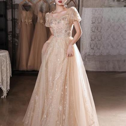 Champagne Tulle Cap Sleeves A-line Simple Prom..