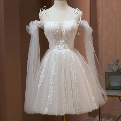 Cute Tulle Knee Length With Lace Short Prom Dress,..