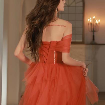 Orange Tulle One Shoulder Beaded Long Formal Gown,..